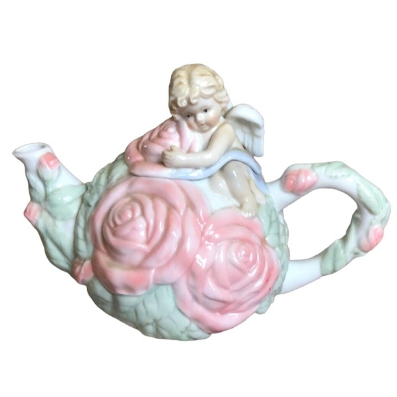 Avon rose cherubs porcelain teapot & 4  matching cups set girls tea party - Picture 3 of 13